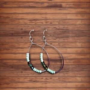 Silver and green handmade Beaded Hoop Earrings